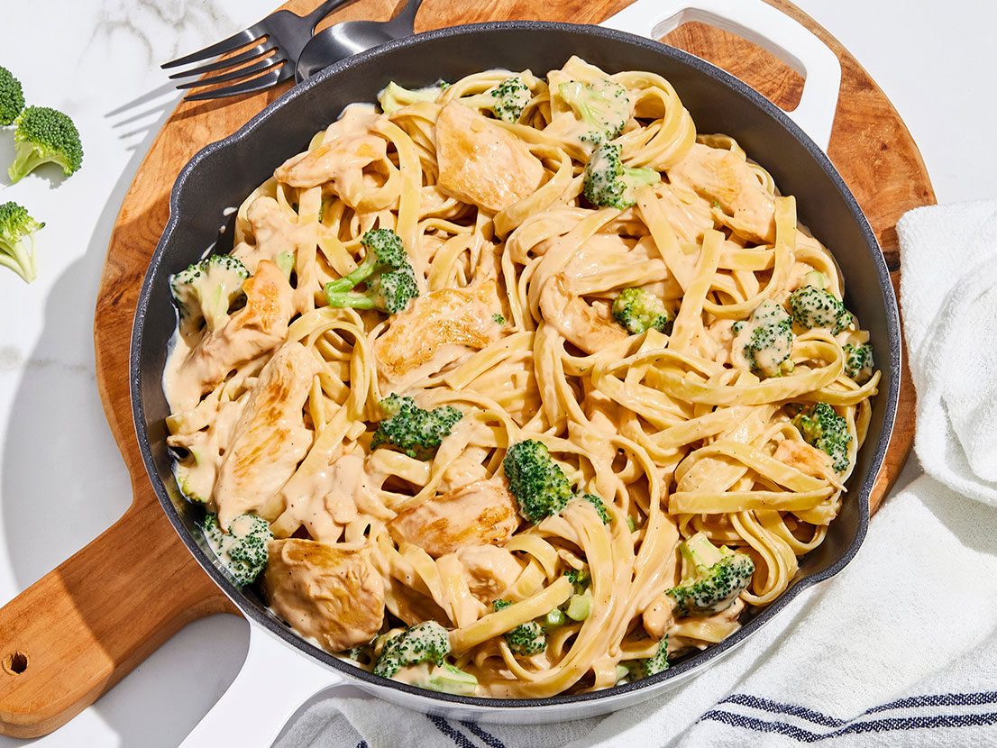 Chicken Broccoli Alfredo with Fettucine in a skillet