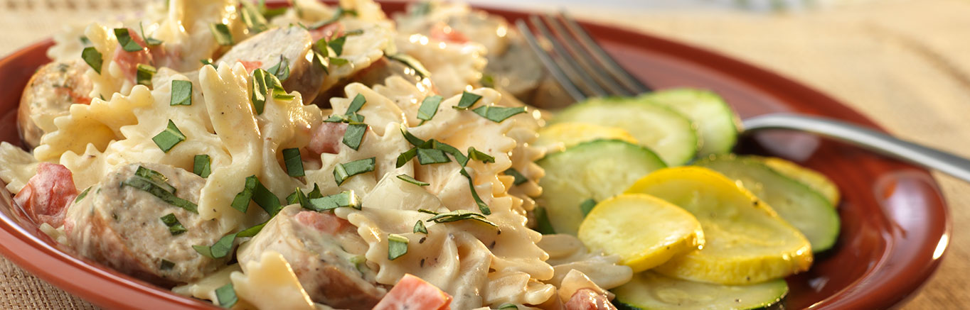 Image of prepared Chicken Sausage with Farfalle Alfredo