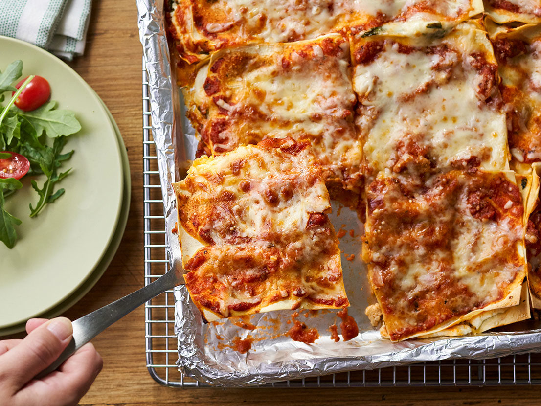 Image of prepared Easy Sheet Pan Lasagna made with Prego® sauce