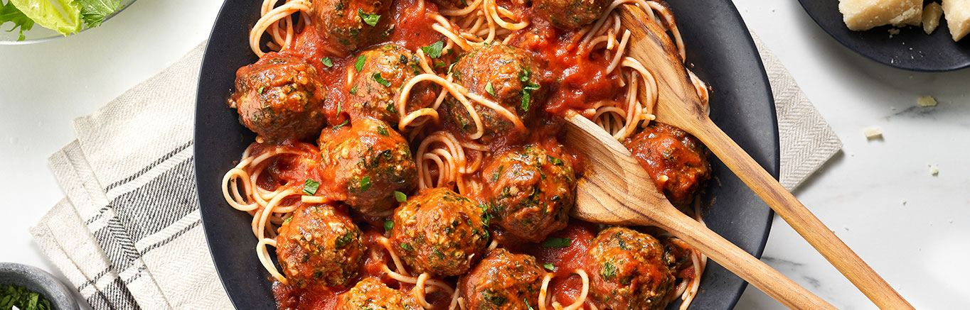 Serving of Low FODMAP Gluten-Free Spaghetti & Meatballs made with Prego® sauce