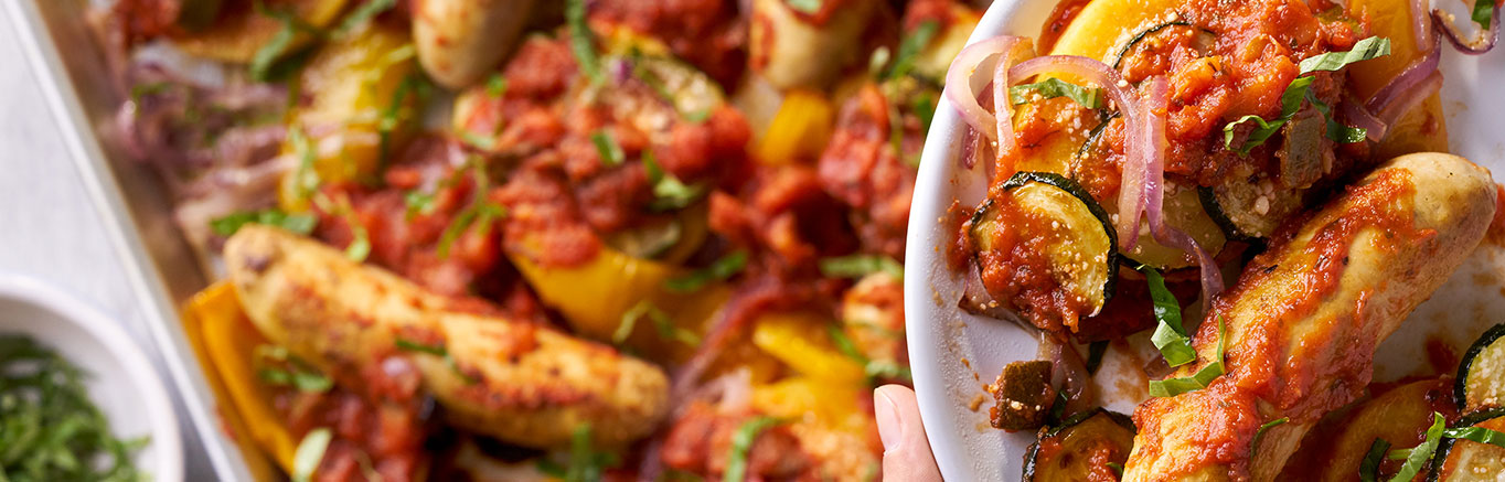 Image of prepared Sheet Pan Italian Sausage with Polenta & Zucchini