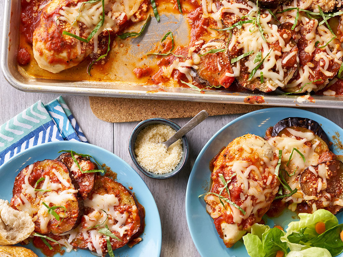 Image of prepared Sheet Pan Chicken & Eggplant Parmesan
