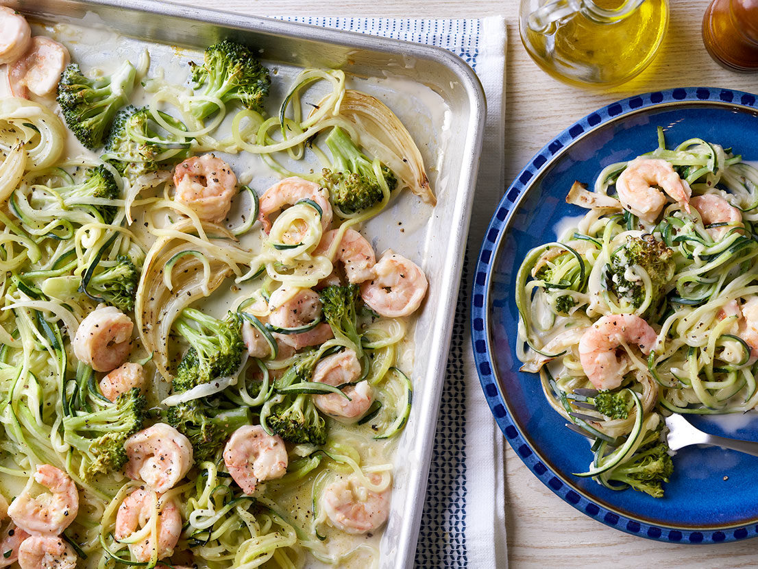 Image of prepared Sheet Pan Zucchini Noodle Alfredo