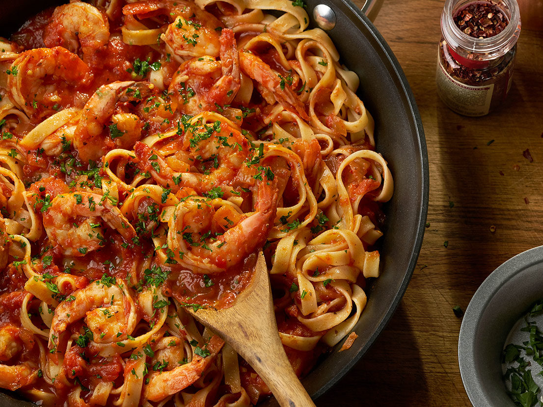 Prepared Shrimp Fra Diavolo with Fettucine Pasta made with Prego® sauce