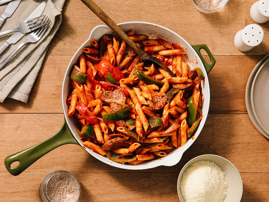 Image of prepared Spicy Italian Sausage & Peppers with Penne recipe