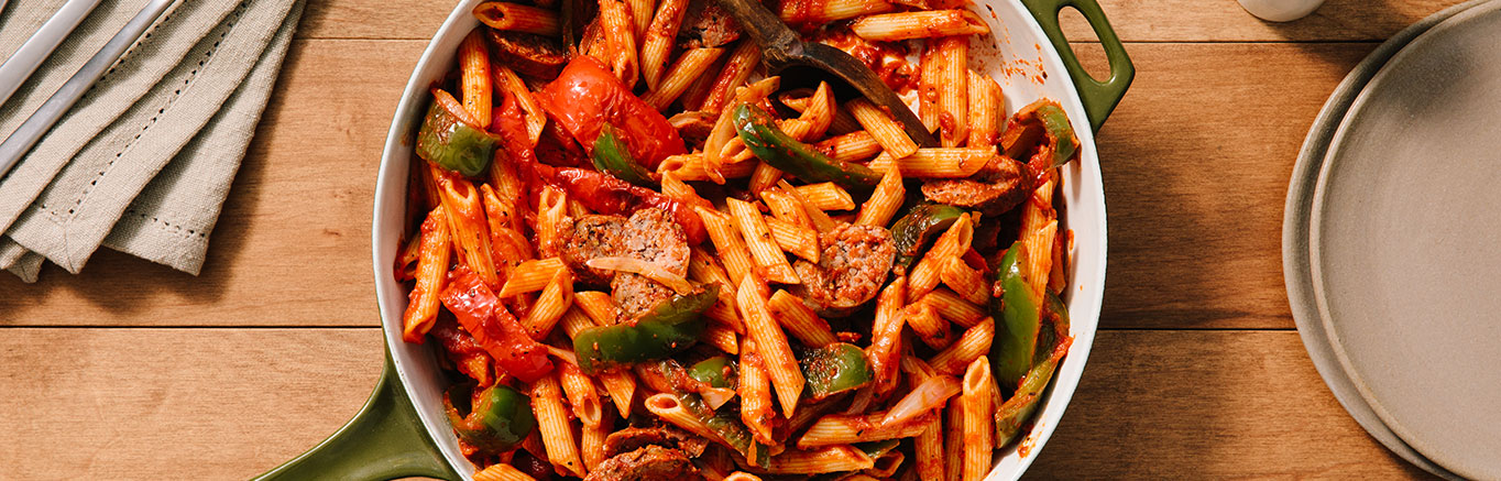 Image of prepared Spicy Italian Sausage & Peppers with Penne recipe