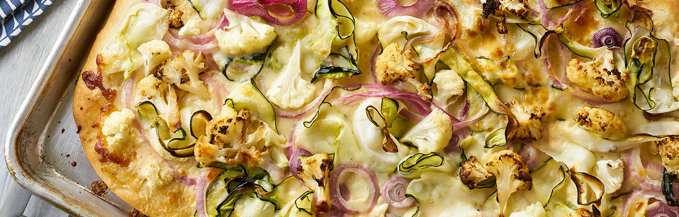 Image of prepared Zucchini & Cauliflower Alfredo Pizza recipe