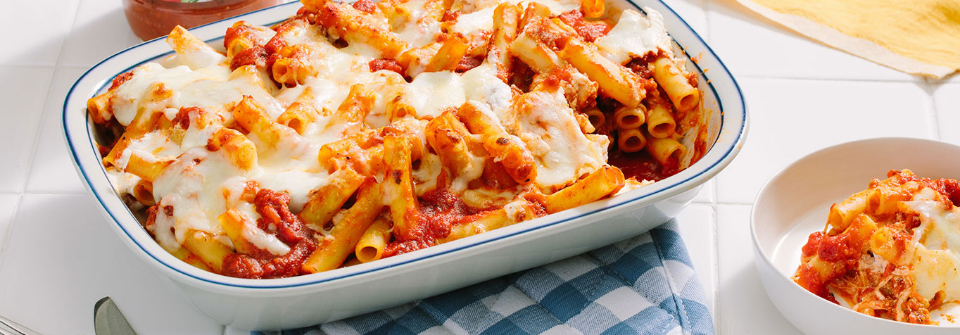 Image of prepared Creamy Three-Cheese Baked, No Boil Ziti Bolognese