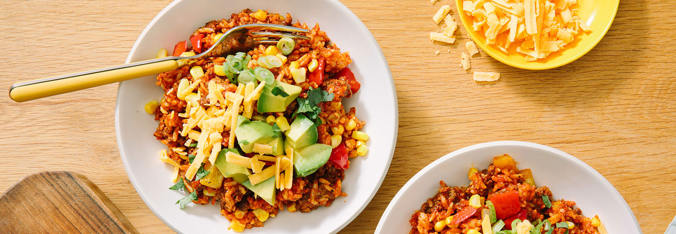 Image of prepared One Pan Fire-Roasted Tomato Burrito Bowls